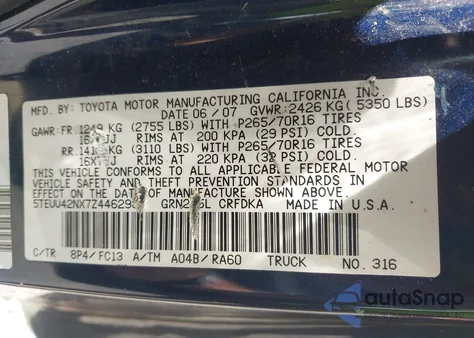 2007 Toyota Tacoma Base V6 z USA, uszkodzony, nr VIN 5TEUU42NX7Z446298